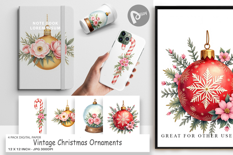 Digital Paper Vintage Christmas Ornaments Watercolor