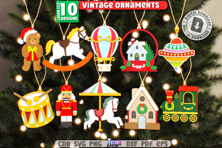 Vintage Christmas Ornaments Laser Cut Bundle|Retro Christmas