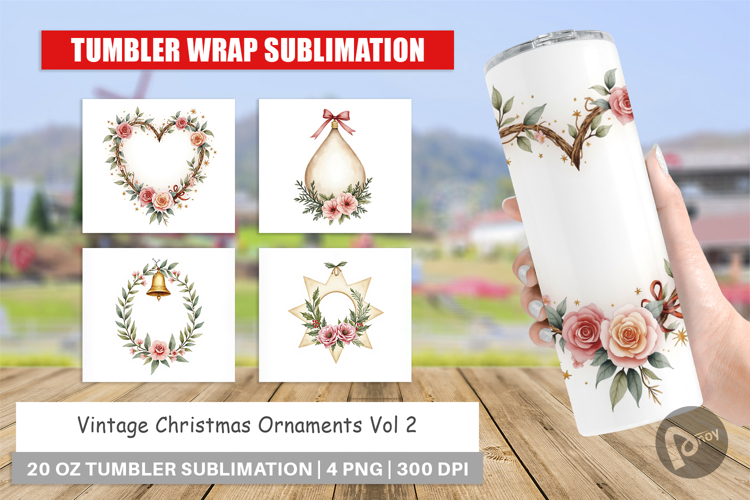 Tumbler Vintage Christmas Ornaments Watercolor