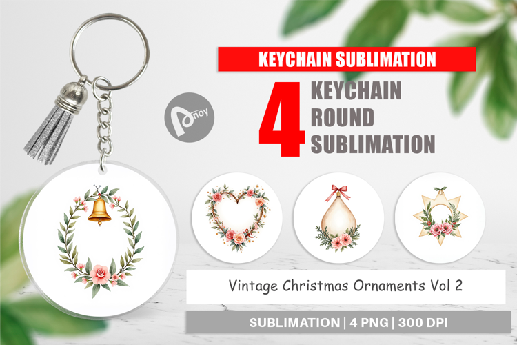 Keychain Vintage Christmas Ornaments Watercolor