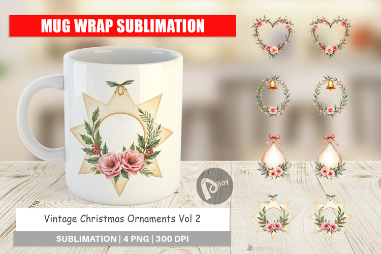 Mug Wrap Vintage Christmas Ornaments Watercolor