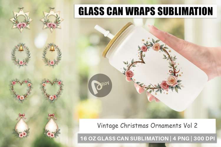 Glass Can Vintage Christmas Ornaments Watercolor