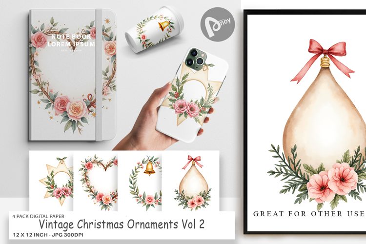 Digital Paper Vintage Christmas Ornaments Watercolor