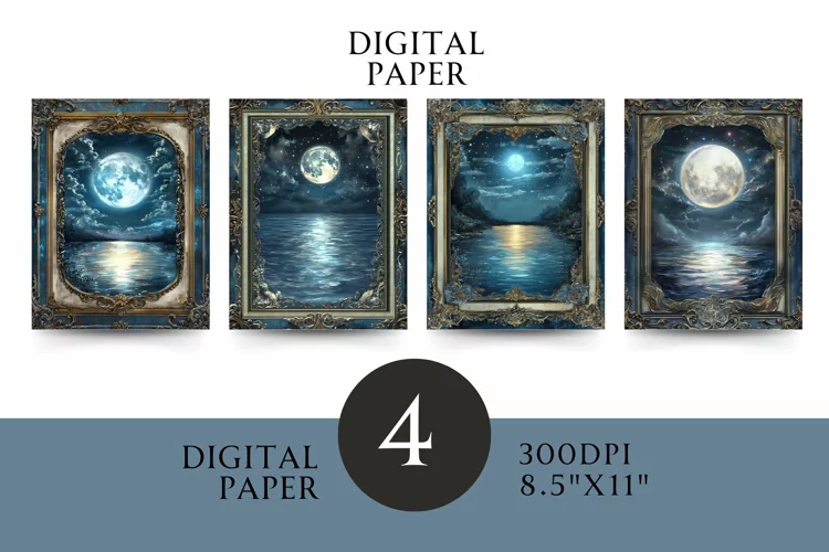 Moonlit Lake Digital Paper - Serene Celestial Designs