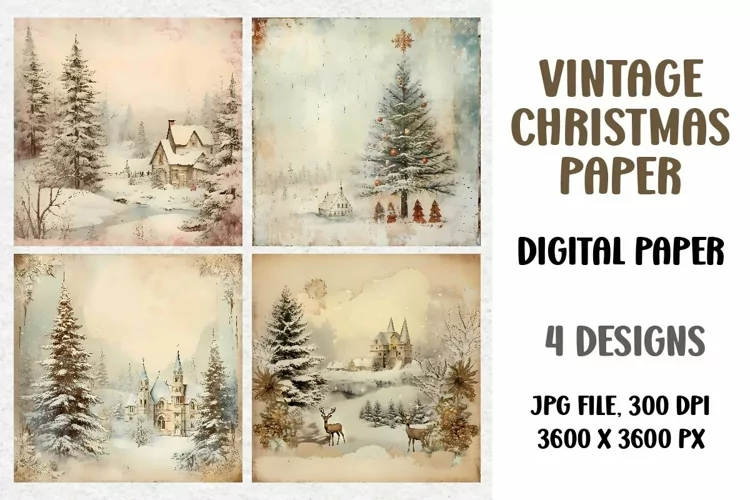 Vintage Christmas Digital Paper, Junk Journal