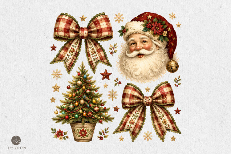 Vintage Christmas Png, Santa Bow and Tree Holiday Design example image 1