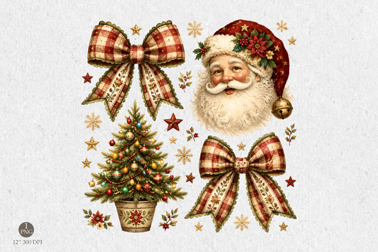 Vintage Christmas Png, Santa Bow and Tree Holiday Design