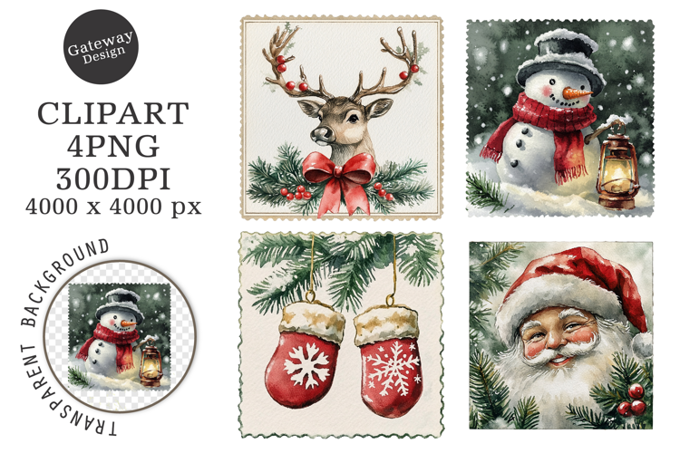 Vintage Christmas Postage Stamps Clipart