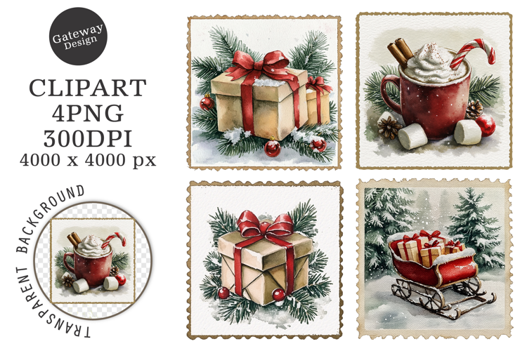 Vintage Christmas Postage Stamps Clipart