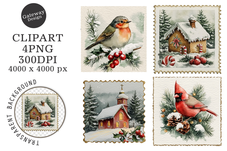 Vintage Christmas Postage Stamps Clipart