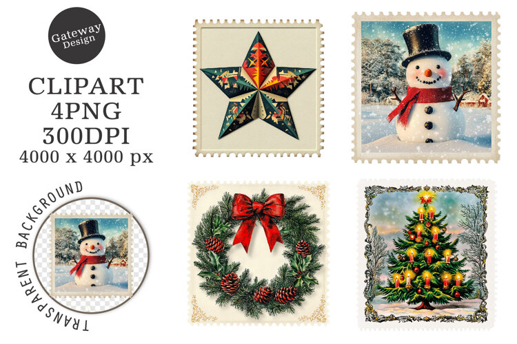 Vintage Christmas Postage Stamps Clipart example image 1