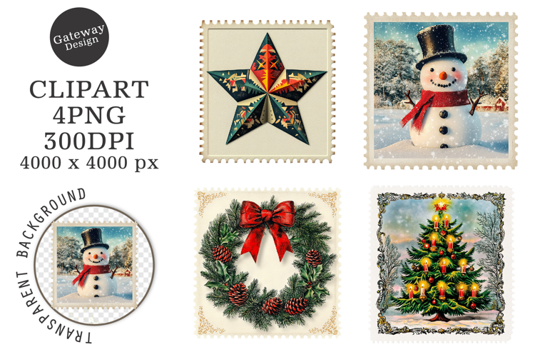 Vintage Christmas Postage Stamps Clipart