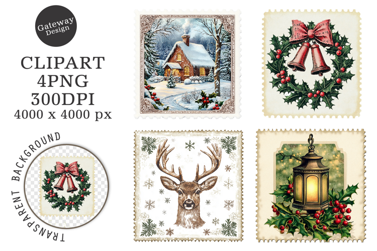 Vintage Christmas Postage Stamps Clipart