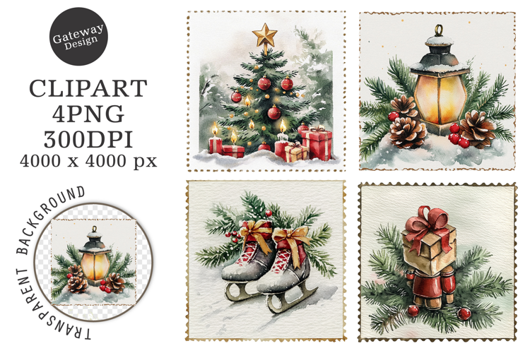 Vintage Christmas Postage Stamps Clipart