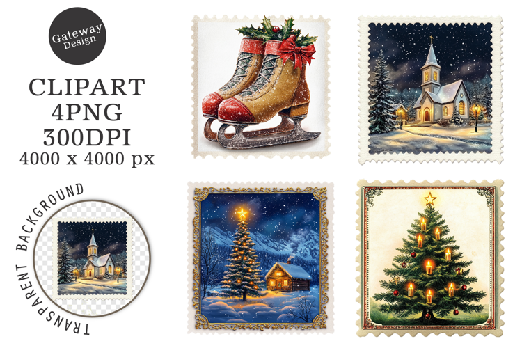 Vintage Christmas Postage Stamps Clipart