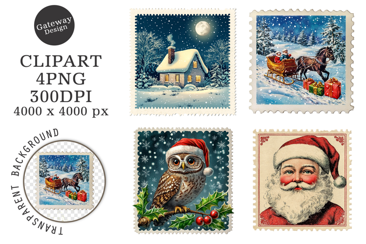 Vintage Christmas Postage Stamps Clipart