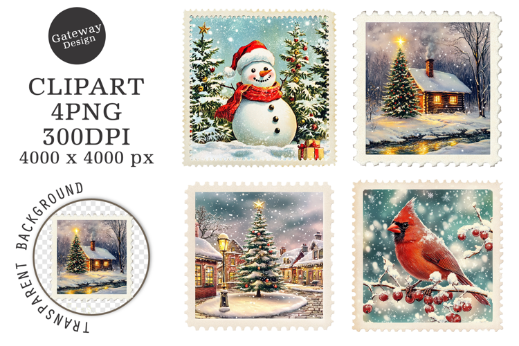 Vintage Christmas Postage Stamps Clipart