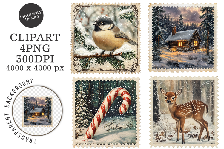 Vintage Christmas Postage Stamps Clipart