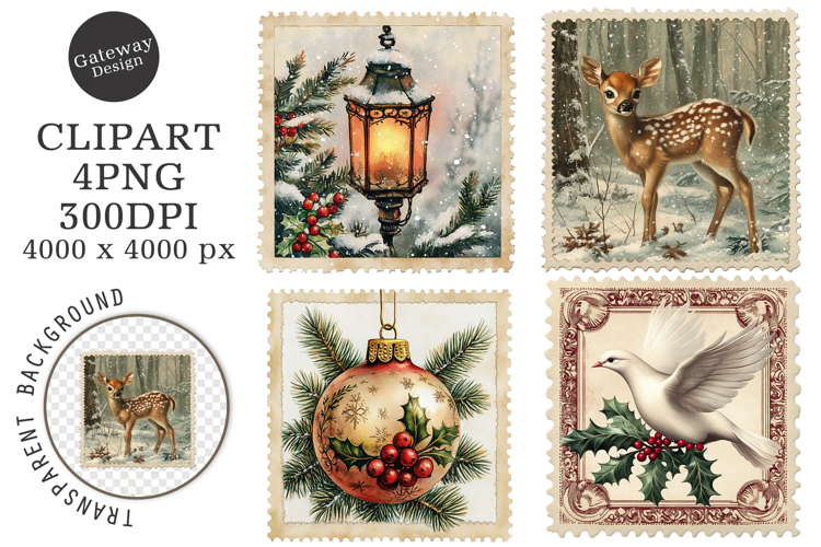 Vintage Christmas Postage Stamps Clipart