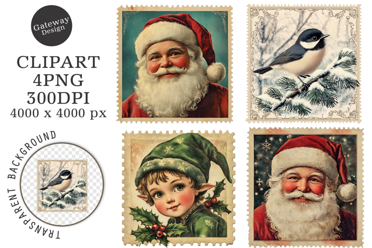 Vintage Christmas Postage Stamps Clipart