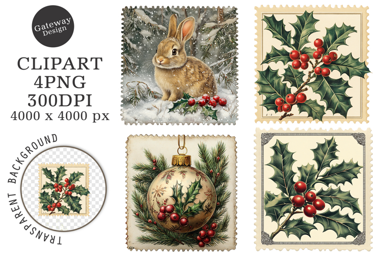 Vintage Christmas Postage Stamps Clipart