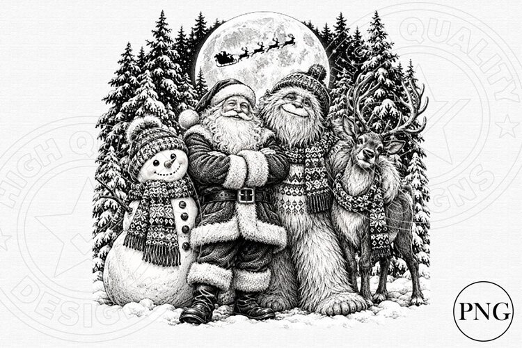 Vintage Christmas Santa & Yeti PNG | Black and White Winter example image 1