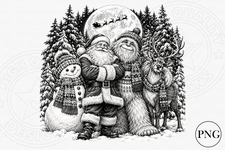 Vintage Christmas Santa & Yeti PNG | Black and White Winter