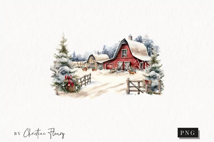 Vintage Festive Barn Scene Clipart | Christmas Clipart