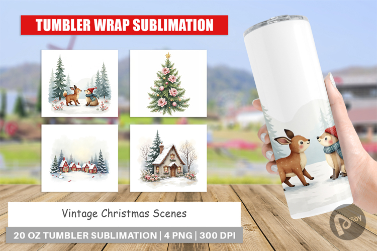 Tumbler Vintage Christmas Scenes Watercolor