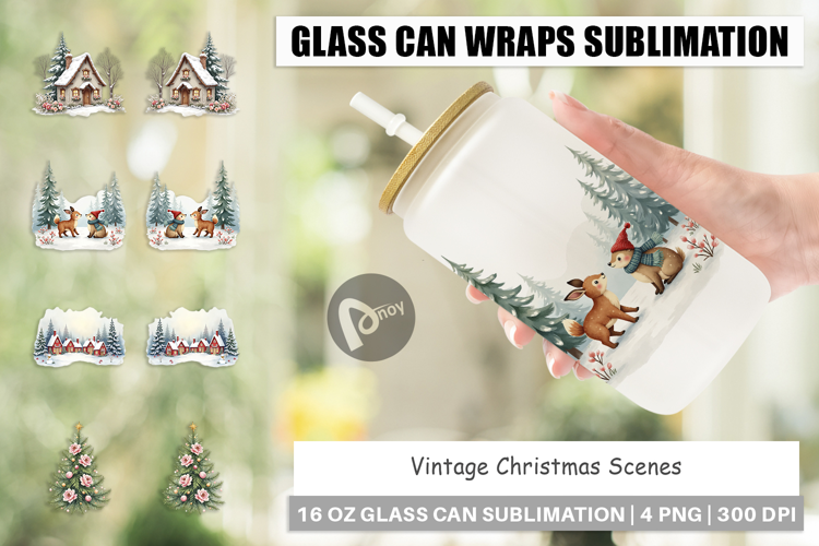 Glass Can Vintage Christmas Scenes Watercolor