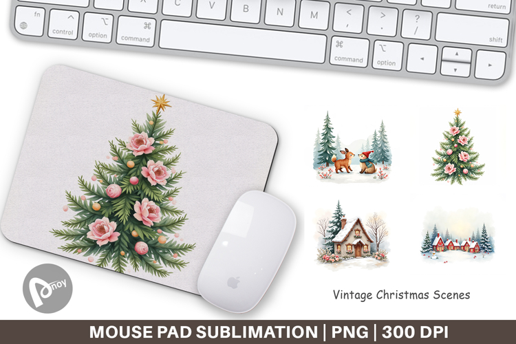 Mouse Pad Vintage Christmas Scenes Watercolor