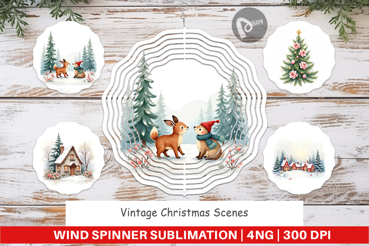 Wind Spinner Vintage Christmas Scenes Watercolor