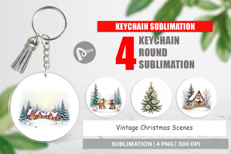 Keychain Vintage Christmas Scenes Watercolor