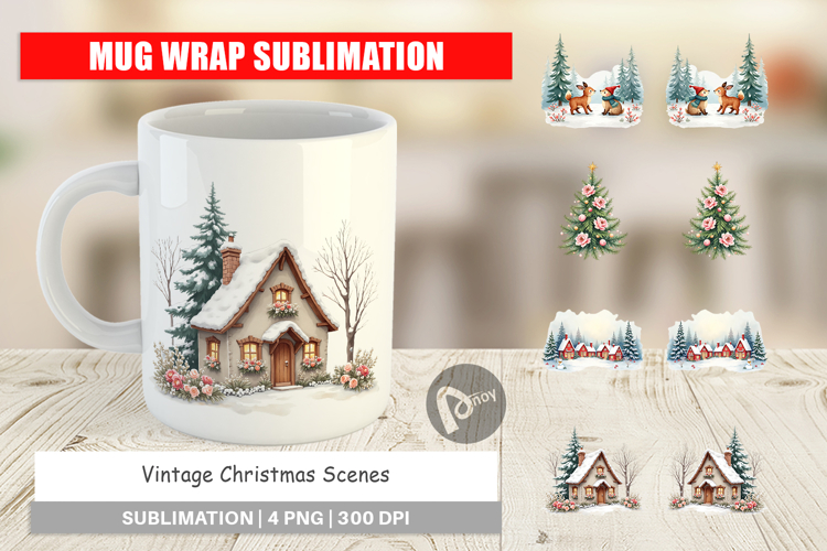 Mug Wrap Vintage Christmas Scenes Watercolor