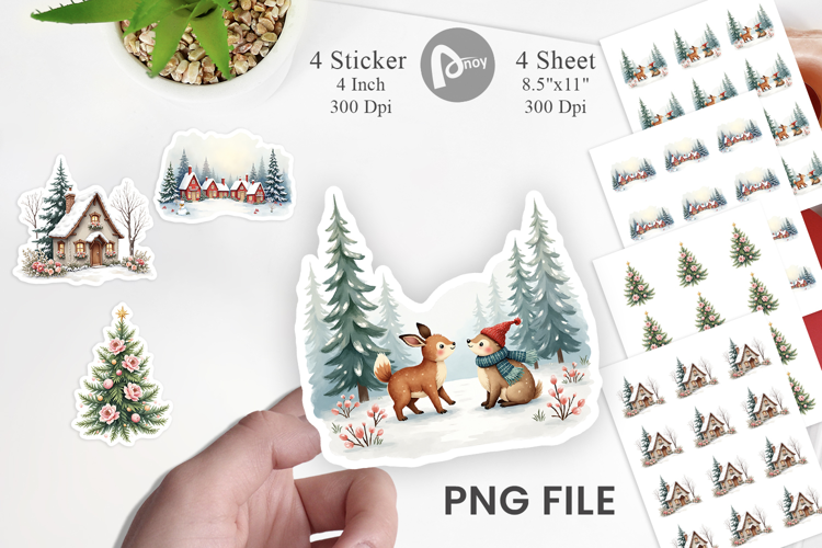 Sticker Vintage Christmas Scenes Watercolor