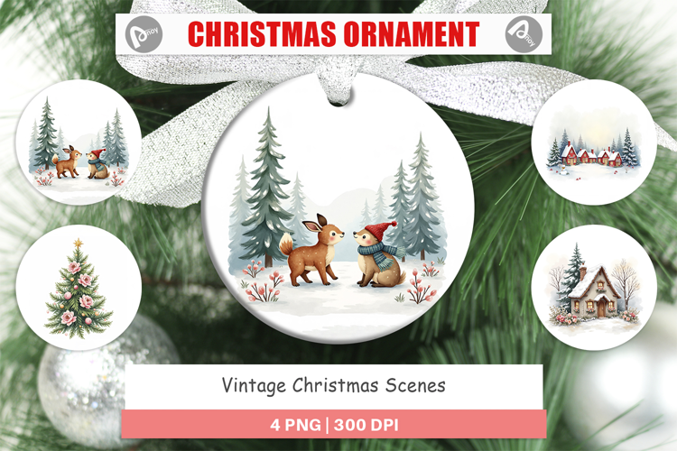 Ornament Vintage Christmas Scenes Watercolor