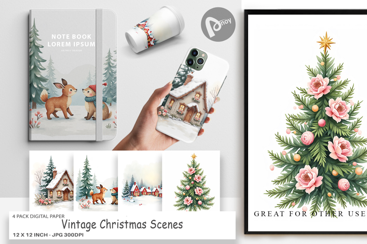 Digital Paper Vintage Christmas Scenes Watercolor