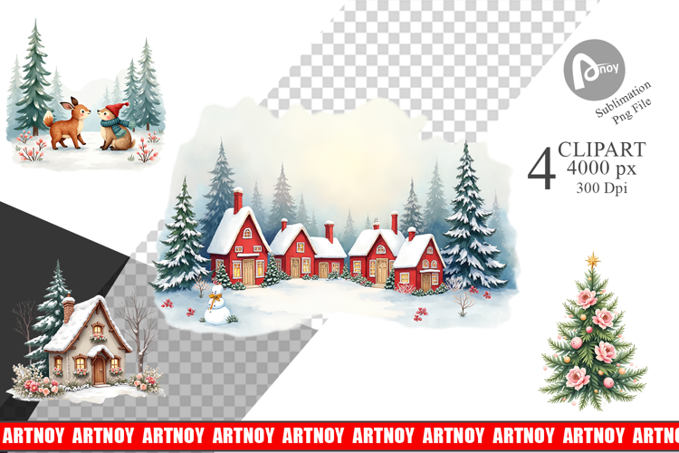 Clipart Vintage Christmas Scenes Watercolor