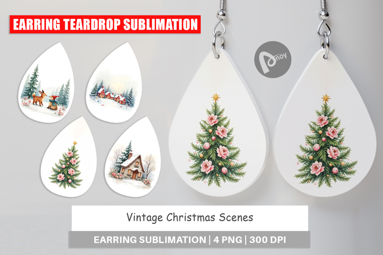 Earring Vintage Christmas Scenes Watercolor