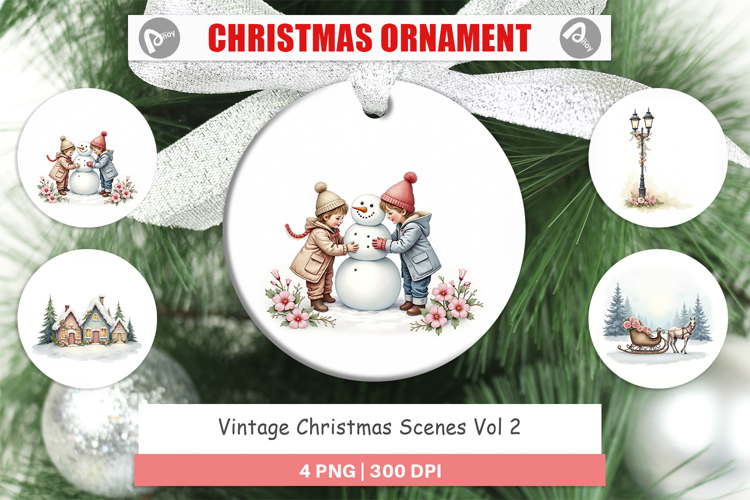 Ornament Vintage Christmas Scenes Watercolor
