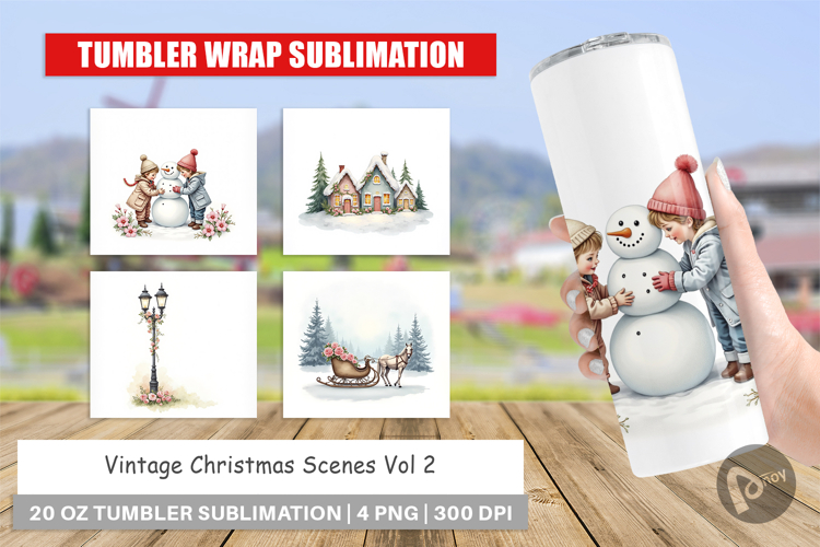 Tumbler Vintage Christmas Scenes Watercolor