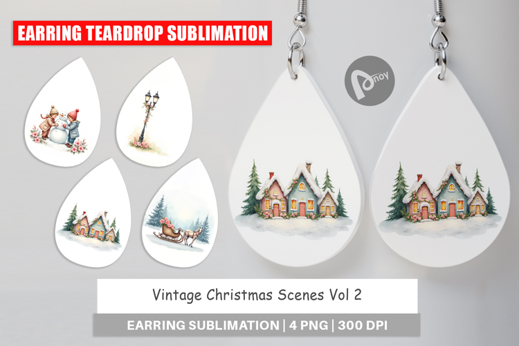 Earring Vintage Christmas Scenes Watercolor