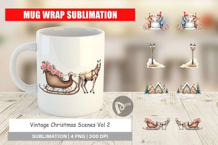 Mug Wrap Vintage Christmas Scenes Watercolor
