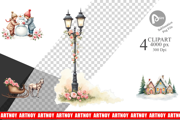 Clipart Vintage Christmas Scenes Watercolor