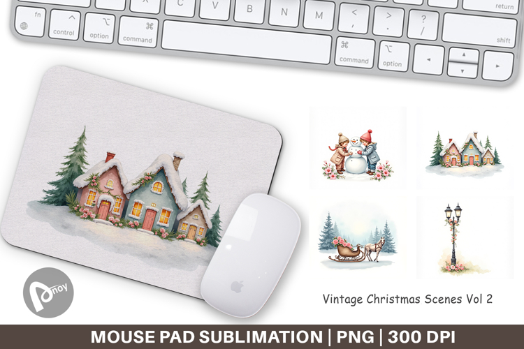 Mouse Pad Vintage Christmas Scenes Watercolor
