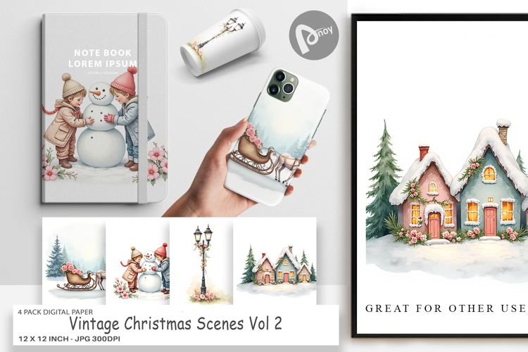 Digital Paper Vintage Christmas Scenes Watercolor