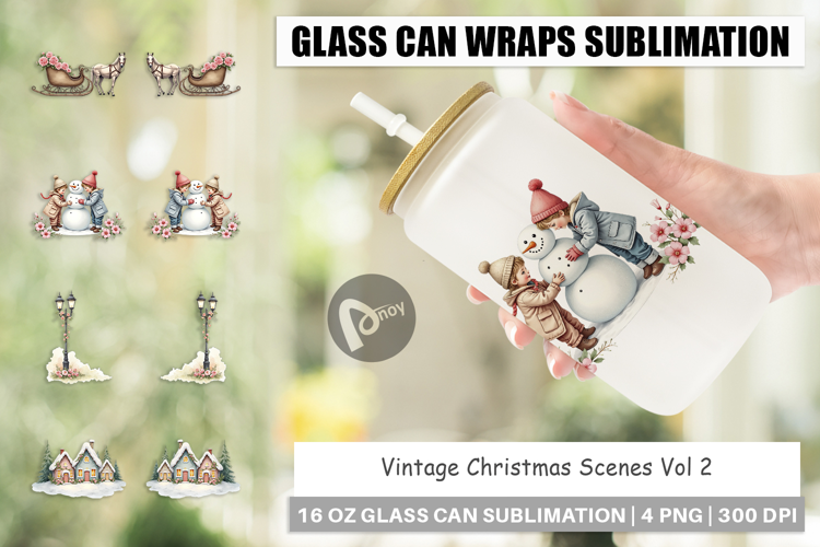 Glass Can Vintage Christmas Scenes Watercolor