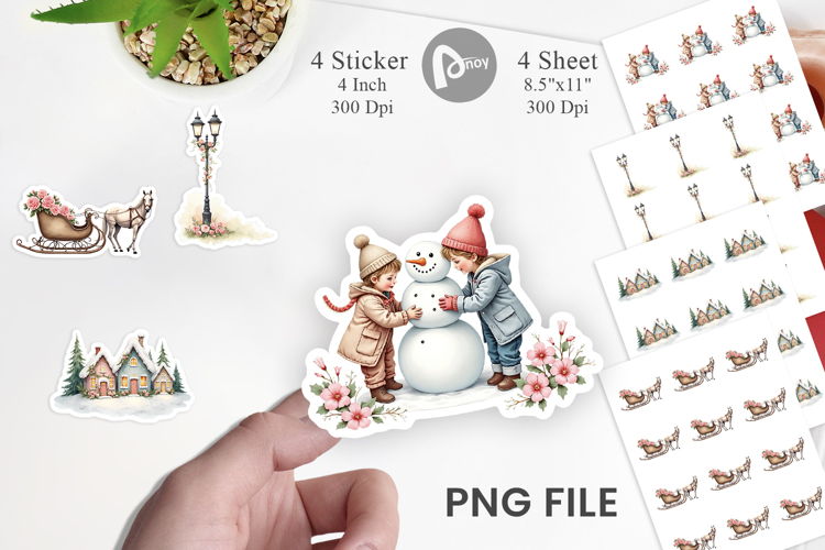Sticker Vintage Christmas Scenes Watercolor