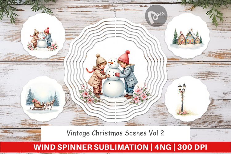 Wind Spinner Vintage Christmas Scenes Watercolor