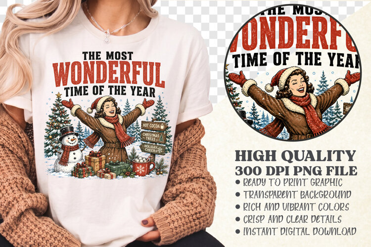Vintage Christmas Shirt Design, Most Wonderful Time PNG example image 1